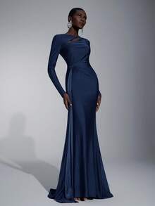 Elitara 优雅、浪漫、性感、简约的深紫色针织弹力面料镂空装饰圆领长袖鱼尾连衣裙，时尚潮流，网红风格，适合节日、度假、生日派对、婚礼、伴娘等场合 - 藏蓝色 - 查看 6