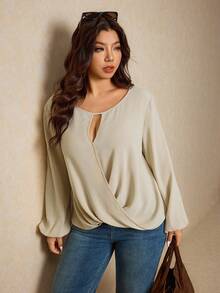 Elaquor Plus Size Women's Solid Color Keyhole Neck Lantern Sleeve Loose Blouse - Apricot - View 7