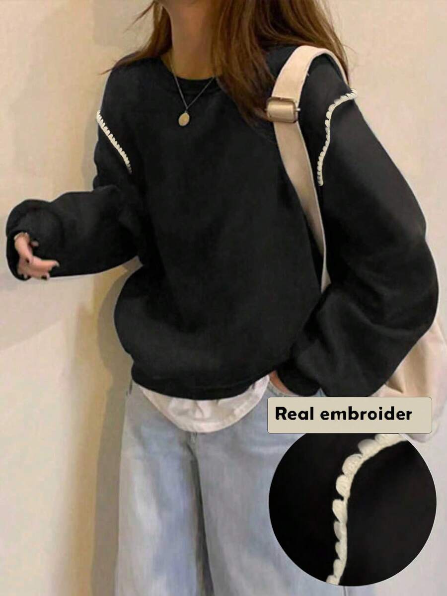 INAWLY 畅销款贝壳刺绣常规版型百搭女式卫衣 - 黑色 - 查看 1