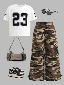 Leap Crew Ensemble de t-shirt à manches courtes et pantalon large à jambes évasées en style camouflage numérique, mode de rue décontractée pour jeune fille - Multicolore - Voir 7