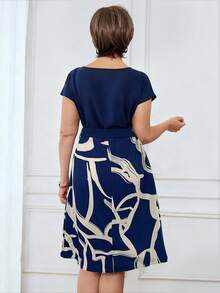 Medorina 女士休闲印花拼接连衣裙，适合夏季，商务休闲女装，春夏休闲穿搭 - 藍色 - 查看 2