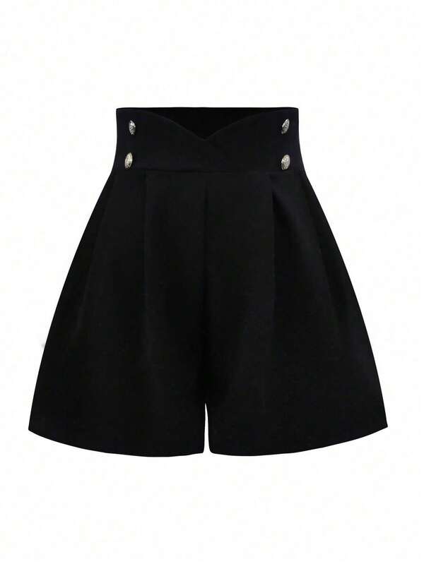 Calvaya 大码女式纯色腰部纽扣设计褶皱阔腿短裤