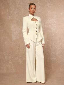 Lumalex 立领镂空腰部金属纽扣收腰直筒短裤，女士长袖套装 - 米色 - 查看 3