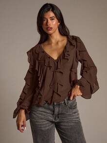 Aloruh Áo cánh tay dài cổ chữ V xếp nếp màu trơn thời trang dành cho nữ - màu nâu - Xem 4