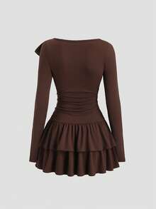 Sweetra Women's Elegant Ruffle Hem Crew Neck Long Sleeve Fitted Casual Commuter Dress, Autumn/Winter