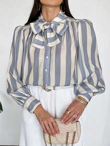 Firerie Women's Loose Front Button Tie Collar Long Sleeve Casual Shirt - Blue and White - View 3