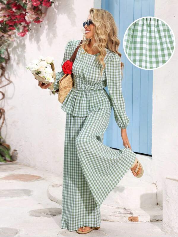Vivid Eden Women's Vacation Casual Plaid Shirt And Pants 2 Pieces Set,Women's Beach Fashion,Beach Outfit For Women,Women Plaid Ruffle Hem Longsleeve Shirt And Shorts Set,Autumn Sets,Boho Chic Winter Outfits For Women 2025: Mint Green Plaid Ruffle Hem Lonsleeve Blouse & Wide-Leg Pants Set - Vacation, Festival, Beach Resort Casual Two Pieces Ensemble With Breathable Linen-Like Fabric, Gingham Outfit, 2 Piece Casual Sets Woman, Two Piece Set Women Summer, Plaid Two Piece Set, Gingham Set