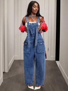 Slaydiva Women's Casual Loose Fit Cargo Pocket Denim Jumpsuit - Blue - View 7