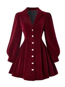 Sparklyn Elegant Retro Versatile Dress For Teen Girls - Small V-Neck With 5 Buttons On Placket & Convertible Collar | Suitable For Daily Activities Like School, Commuting, Outings, Walking & Shopping - Red - View 8
