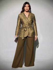 Viva Relle 纹理3D花卉金色腰带蝴蝶结夹克，秋冬 - 金色 - 查看 5