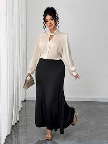 Elenzga Plus Size Satin Twist Collar V-Neck Hollow Out Long Sleeve Straight Blouse, Elegant For Work, Casual Outing, Date, Party - Apricot - View 3