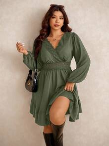 Elaquor Plus Size Women Contrast Lace V-Neck Lantern Sleeve Ruffle Hem Elegant Dress - Green - View 5