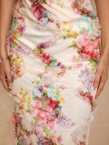 Silquee 优雅花卉网纱系带无袖修身长裙，适合春夏穿着 - 杏色 - 查看 3