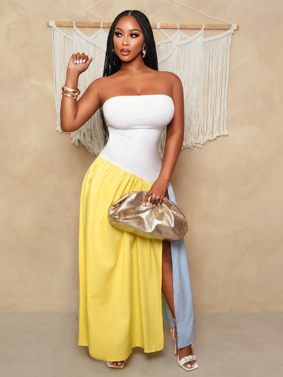 BamGleam Đầm bó sát đùi xẻ tà không tay màu tương phản gợi cảm - màu đen - Xem 1