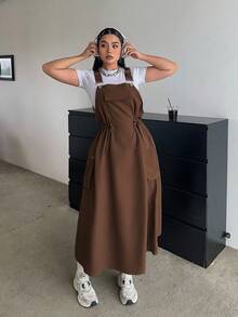 POPSWAY 全新秋季户外百搭束腰中长款吊带连衣裙女装 - 咖啡棕 - 查看 4