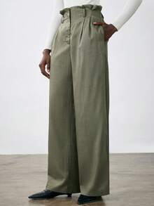 Aveloria Modichic 时尚设计感，百搭通勤休闲褶皱腰纸袋裤 - 軍綠色 - 查看 5