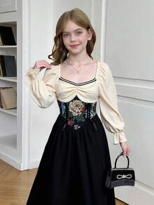 SHEIN Tween Girls' French Retro Palace Style Long Sleeve Elegant Dress,Black Floral,Autumn,Birthday,Gathered Rhinestone Square Neck Jacquard Modest Dress - Black - View 10