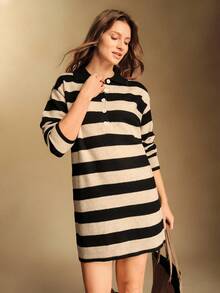 Écloséra Französischer Retro Loose Polokragen Langarm Gestricktes gestreiftes Halbplakette Knopf Khaki Damen Pulloverkleid, Herbst/Winter