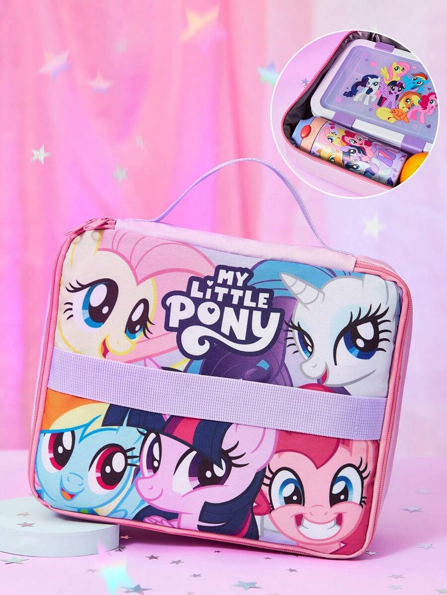 My Little Pony X SHEIN 1 Bolsa de almuerzo aislada con estampado de personaje de dibujos animados, dos formas de sujetar para mantener la comida caliente o fría, bolsa de picnic, gran capacidad, puede contener cajas de almuerzo y bebidas o frutas, adecuada para picnics, campamentos, viajes, uso familiar, adecuada para familias, estudiantes, Fluttershy, Rarity, Rainbow Dash, Twilight Sparkle, Pinkie Pie - Morado claro - Ver 1