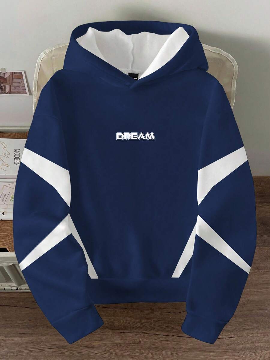 Manfinity Joysei Plus Size Men's Contrast Color Letter Print Short Hoodie - Navy Blue - View 1