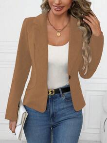 SHEIN Clasi 女士纯色正面单扣长袖休闲西装外套 - 咖啡棕 - 查看 5