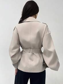 Firerie 女士休闲优雅杏色修身风衣/亚麻质感外套，秋冬外套，适合通勤和外出穿着/秋冬女装/通勤装/教师装/返校季/复古风/商务休闲女装/女性办公室着装/老钱风/知性优雅/秋冬优雅穿搭/职业装/杏色灰外套/舒适秋冬外套 - 卡其色 - 查看 3