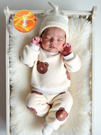 SHEIN 2pcs Newborn Baby Boy & Girl Casual Cute Simple Fashion Apricot Fuzzy Print Cartoon Bear Round Neck Long Sleeve Top And Matching Long Pants Set, Suitable For Spring And Autumn Daily Wear