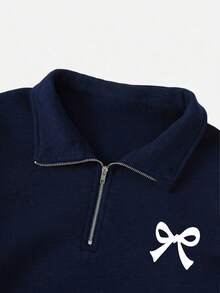 SHEIN ChillGRL Teen Girls Zip-Up Sweatshirt With Bow Print, Comfortable Navy Blue Sweatshirt, Suitable For Autumn/Winter Wear - Navy Blue - View 5