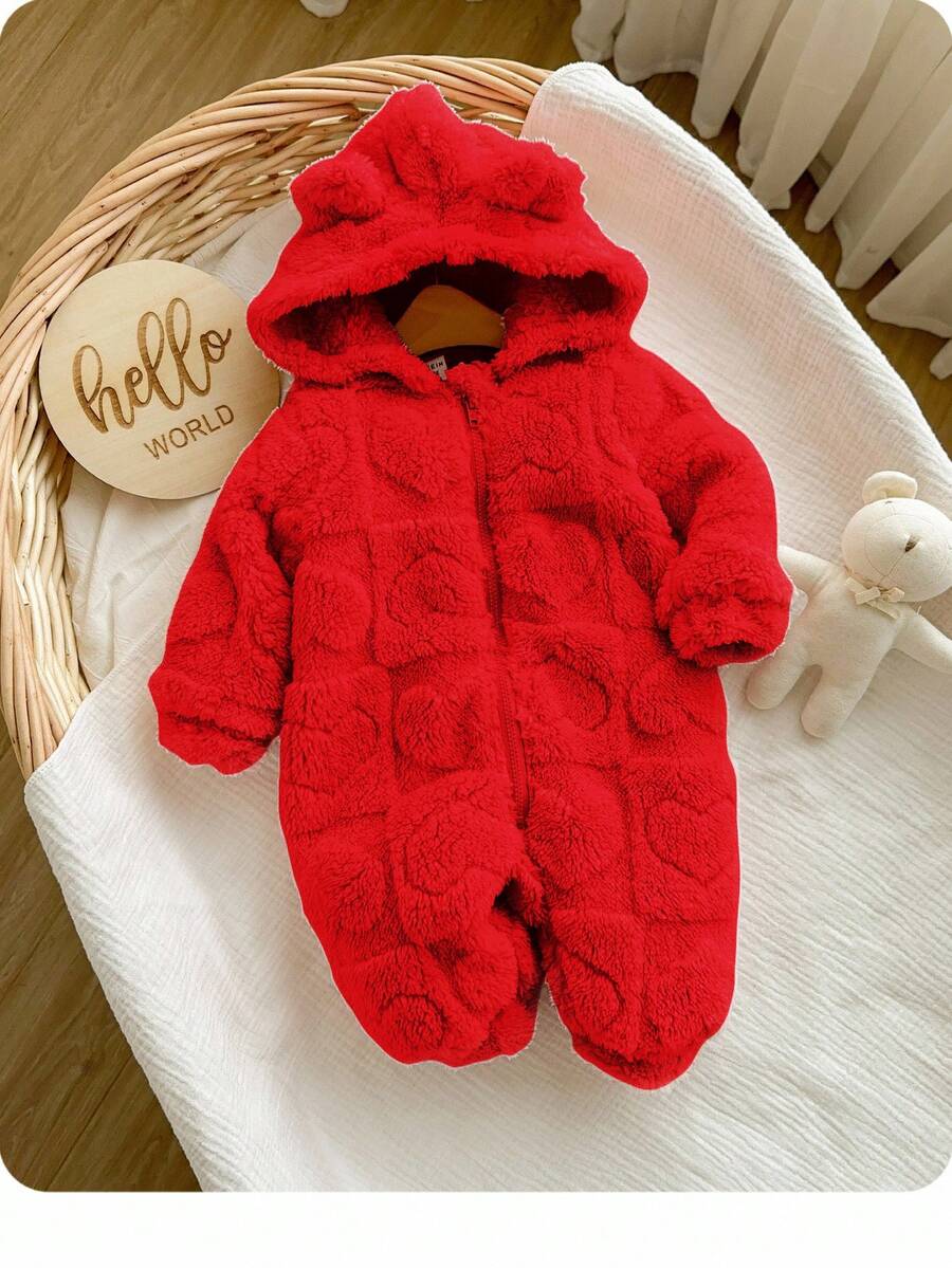 Newborn Baby Girl Cute 3D Ear Fluffy Pink Heart Pattern Zip-Up Hooded Jumpsuit, Autumn/Winter - Red - View 1