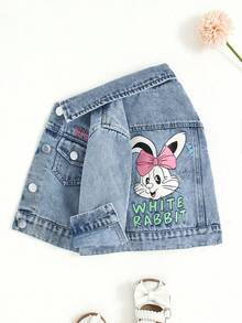 SHEIN Playful Pals Baby GirlCute Rabbit Print Loose Comfortable Denim Jacket And Coat - Medium Wash - View 3