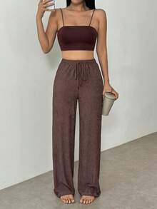 SHEIN Unity Women's Casual Solid Color Loose Elastic Waist Pants - Coffee Brown - View 7