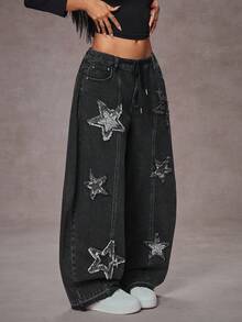 Jeanoix Y2K 时尚休闲街头风星星刺绣毛边破洞牛仔裤 - 黑色 - 查看 4