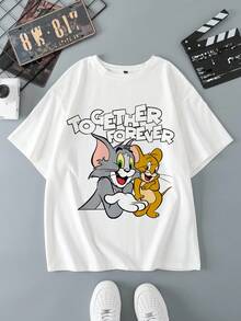 TOM & JERRY X SHEIN Men's Casual Letter & Cartoon Graphic Round Neck Short Sleeve T-Shirt, Summer
