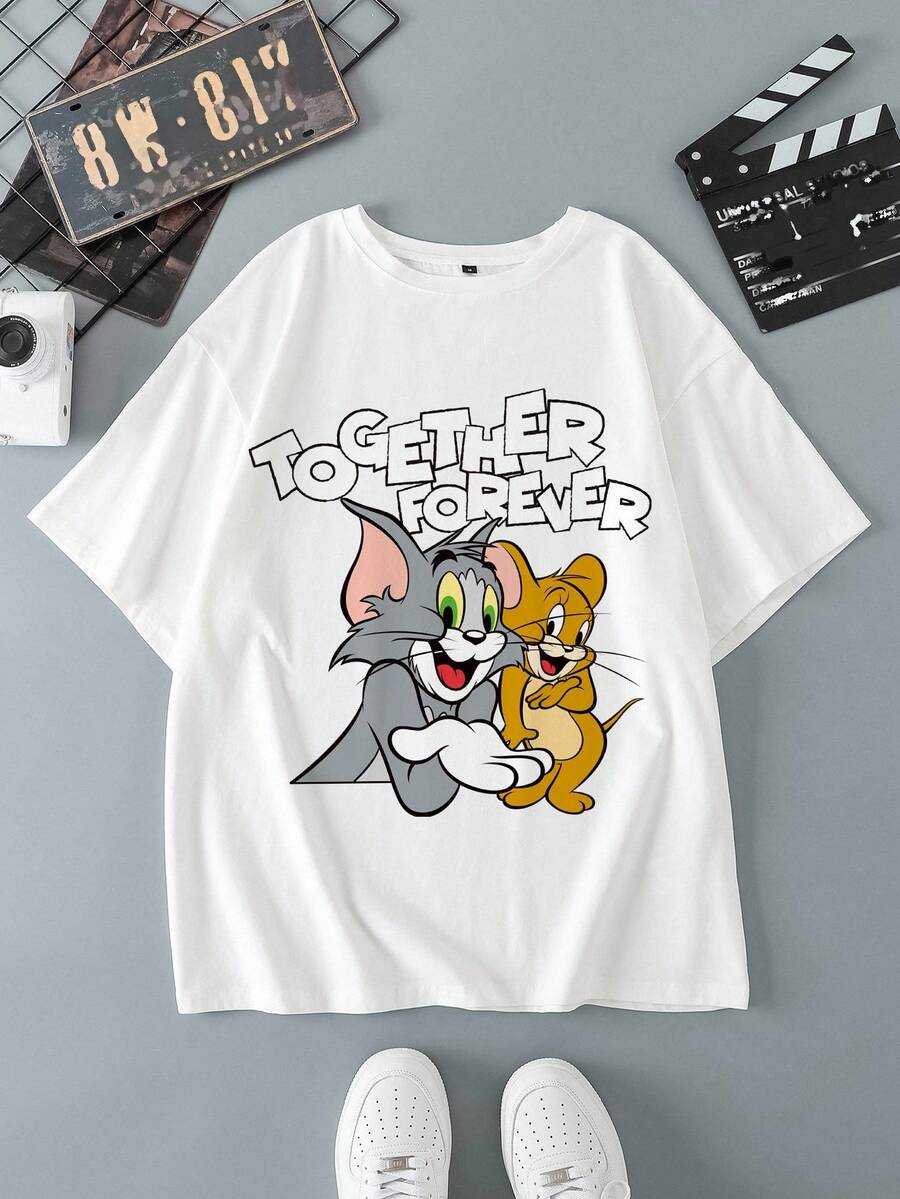 TOM & JERRY X SHEIN Men's Casual Letter & Cartoon Graphic Round Neck Short Sleeve T-Shirt, Summer