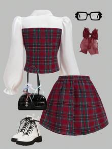 Sparklyn Tween Girls Plaid Collared Patchwork Cardigan With Puff Sleeves And Elastic Waist Pleated Skirt, Academic Style For Spring/Autumn - Red - View 2