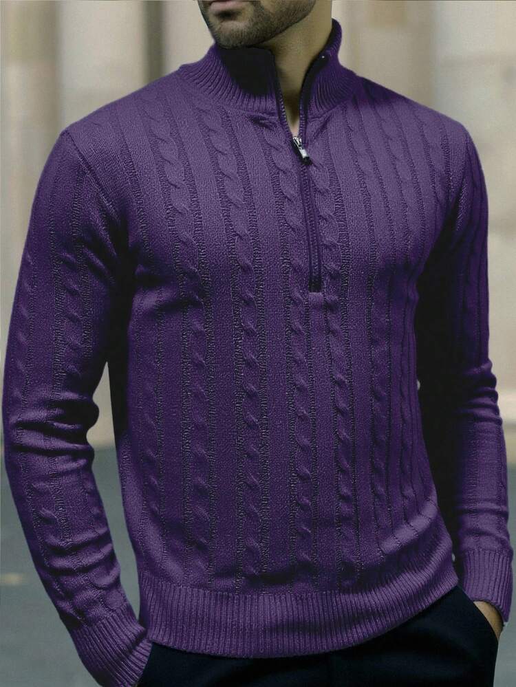 Manfinity Homme Men's Zipper Design Long Sleeve Cable Pattern Casual Sweater, Autumn/Winter Purple Sweater Men Purple Turtleneck For Men - Lilac Purple - View 5