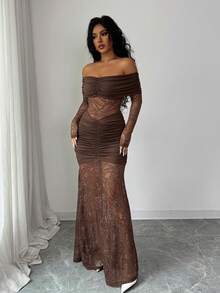 Rafferiza 女士优雅深棕色露肩针织高弹褶皱蕾丝连衣裙 冬季 - 咖啡 - 查看 6