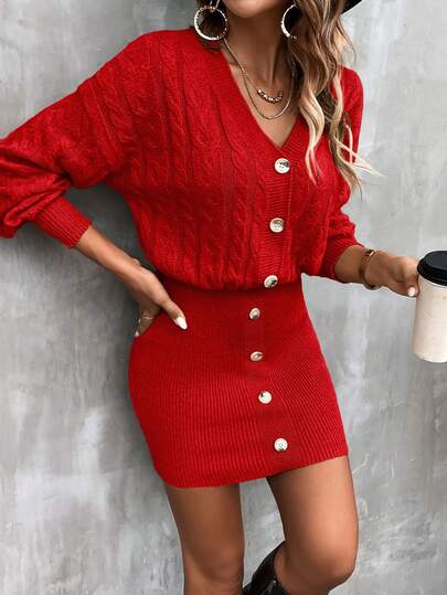 LanaWest Women's Fashion Drop Shoulder Long Sleeve Button Design Knitted Dress, Autumn/Winter