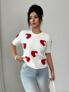 SHEIN Elenzya Blusa feminina leve de malha com estampa de corações em jacquard, manga curta e estilo delicado. - Branco - Ver 4
