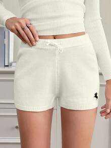 SHEIN Tall Women Casual Skinny Knit Pants, Versatile, Small Logo Embroidered, Tall Women - White - View 9