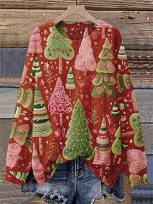 EMERY ROSE Plus Size Women's 3D Printed Christmas Tree Sweater - Red And Green Pine Tree Crew Neck Casual Pullover Knit Top - Burgundy - View 1