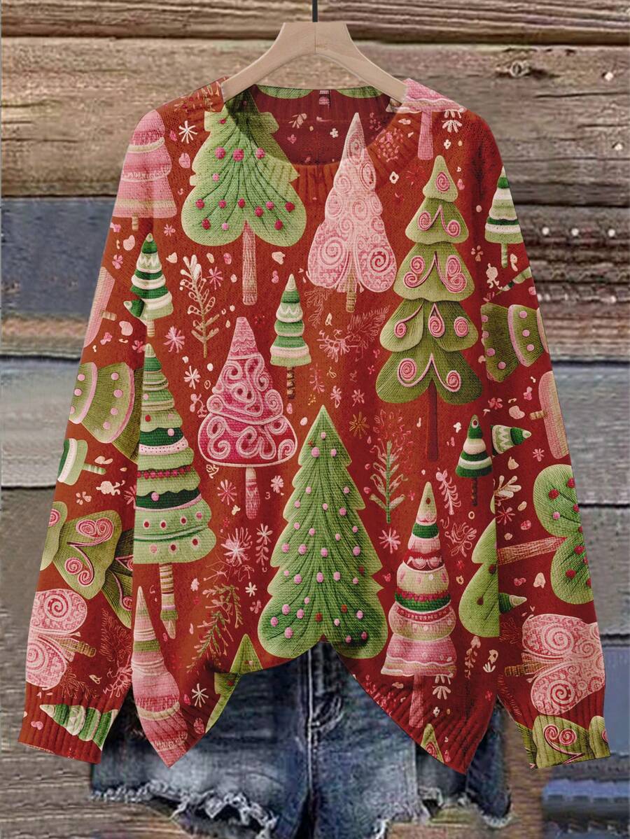 EMERY ROSE Plus Size Women's 3D Printed Christmas Tree Sweater - Red And Green Pine Tree Crew Neck Casual Pullover Knit Top - Burgundy - View 1