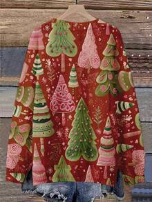 EMERY ROSE Plus Size Women's 3D Printed Christmas Tree Sweater - Red And Green Pine Tree Crew Neck Casual Pullover Knit Top - Burgundy - View 2