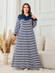 Lacomfia 大码女式休闲罗纹拼接前拉链条纹针织纹理宽松长连衣裙，适合秋冬季穿着 - 彩色 - 查看 5