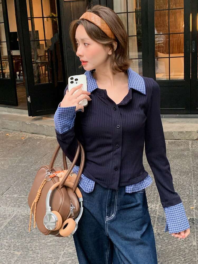 Women's Contrast Color Collar Plaid Patchwork Slim Fit Long Sleeve Casual T-Shirt