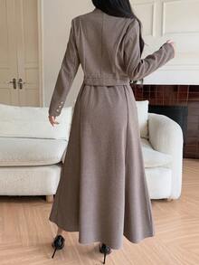 DAZY Women's Houndstooth Stand Collar Cardigan And Long Skirt 2 Pieces Casual Set - Khaki - View 3