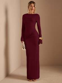 SHEIN BAE Abito dritto in maglia a maniche lunghe con vita arricciata e orlo attorcigliato, colore albicocca. Abito elegante, adatto per appuntamenti, damigella, festa di compleanno, da indossare in autunno/inverno. - Bordò - Visualizzare 4