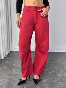 Elenzga 女式纯色休闲牛仔裤 - 酒紅色 - 查看 3