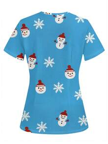 TaskEZ Women's Snowflake & Snowman Print V-Neck Short Sleeve Pocket Scrub Uniform Top