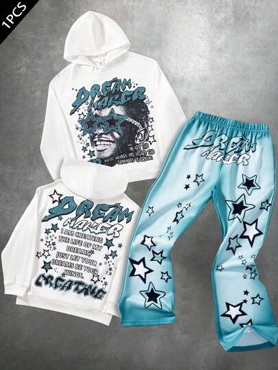 SHEIN Teen Boy Casual Minimalist Letter & Pentagram Print Hoodie And Flare Pants Set, Suitable For Autumn/Winter